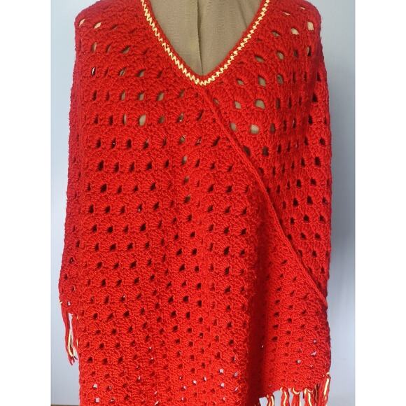 Vintage Hand Knit Crochet Granny Boho Fringe Hippie Poncho Cape 70's 80's - Picture 2 of 6
